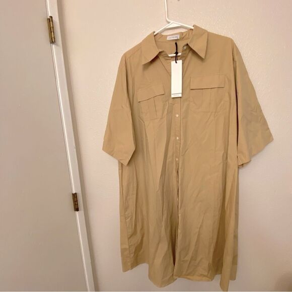 Lattelier Tailored shirt dress oversize tan button utility
lagenlook cotton L - Picture 2 of 13